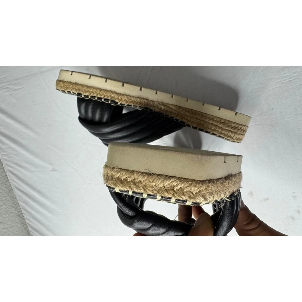 Vince Camuto Black Leather Quilted Twist Espadrille Platform Slide Sandals